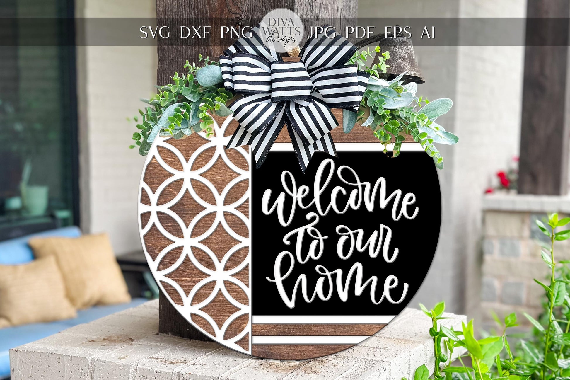 Laser Cut Door Hanger SVG | Welcome to Our Home Sign SVG | Modern Round Wood Sign Template | DIY Glowforge xTool Digital Cut File