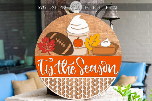 Laser Cut Door Hanger SVG | ’Tis the Season Fall Sign | Round Sign Template | Digital SVG for Glowforge xTool | Pumpkin Pie & Football Decor