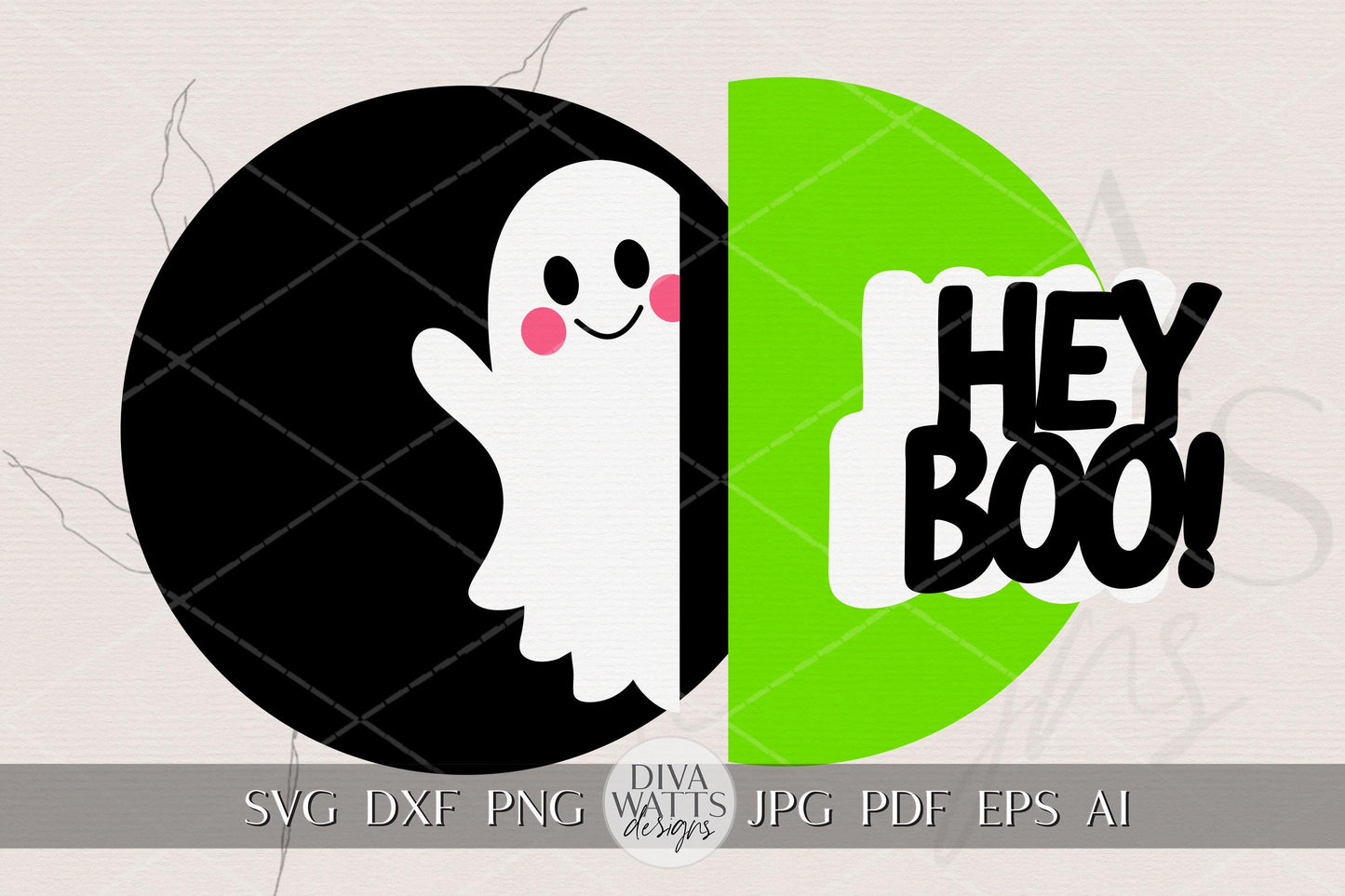 Laser Cut Door Hanger SVG | Hey Boo Halloween Sign SVG | Cute Ghost Round Door Sign File | Glowforge xTool Digital SVG Template
