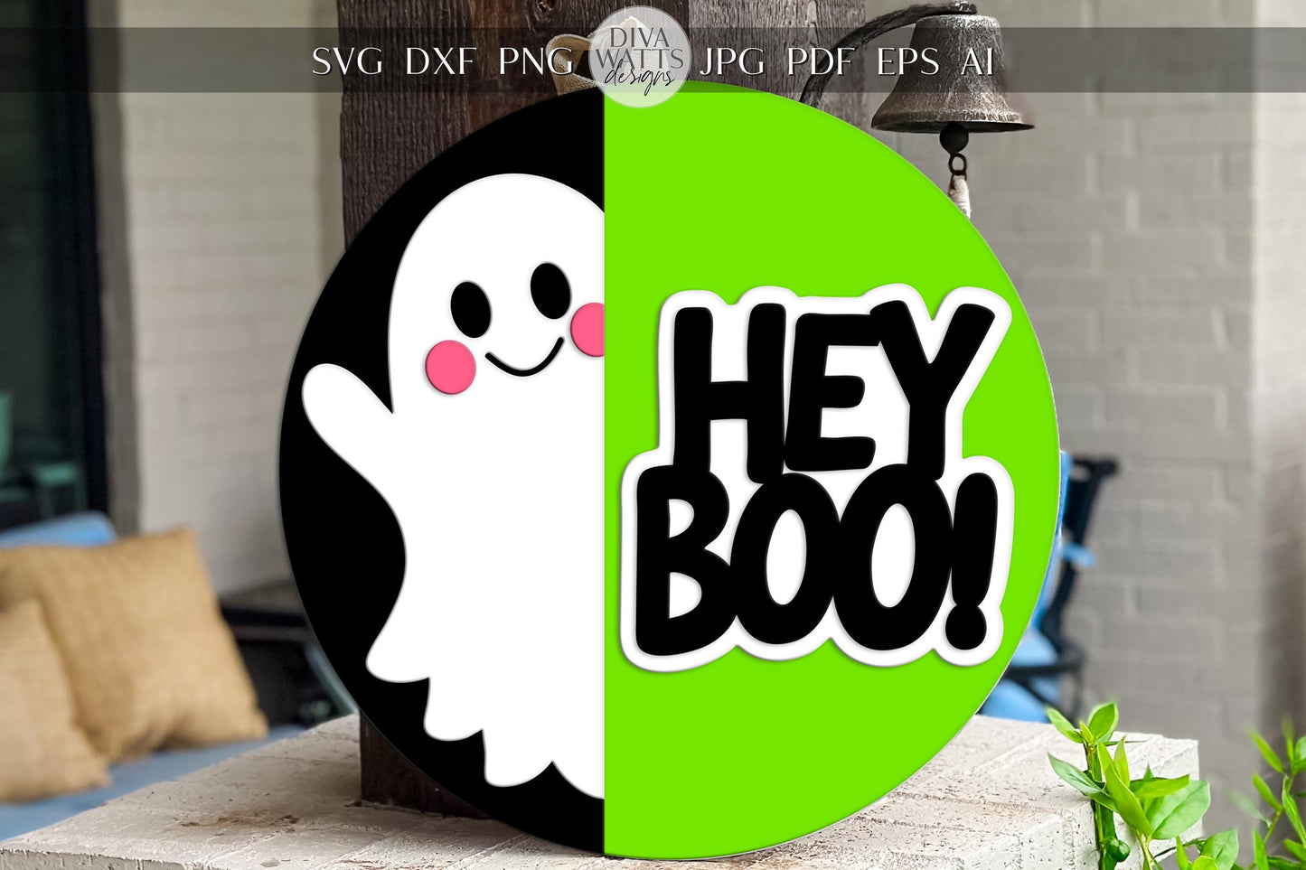 Laser Cut Door Hanger SVG | Hey Boo Halloween Sign SVG | Cute Ghost Round Door Sign File | Glowforge xTool Digital SVG Template