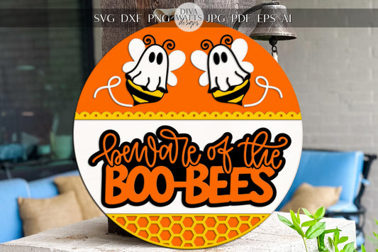 Laser Cut Door Hanger SVG | Beware of the Boo-Bees Sign | DIY Round Halloween Sign Template | Digital SVG for Glowforge xTool