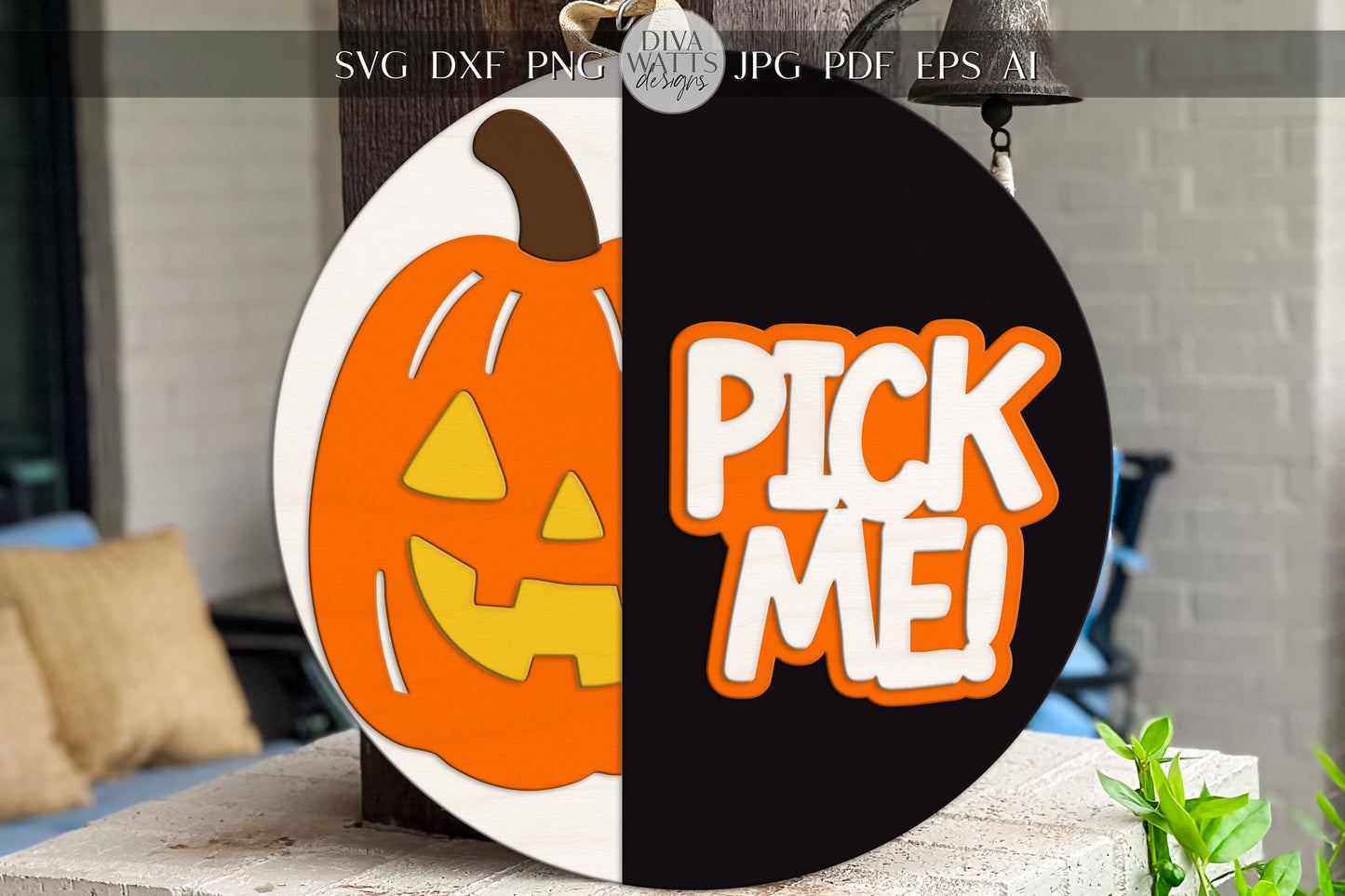 Laser Cut Door Hanger SVG | Pumpkin Sign SVG File | Pick Me Halloween Door Decor | Digital Wood Round Glowforge xTool Template