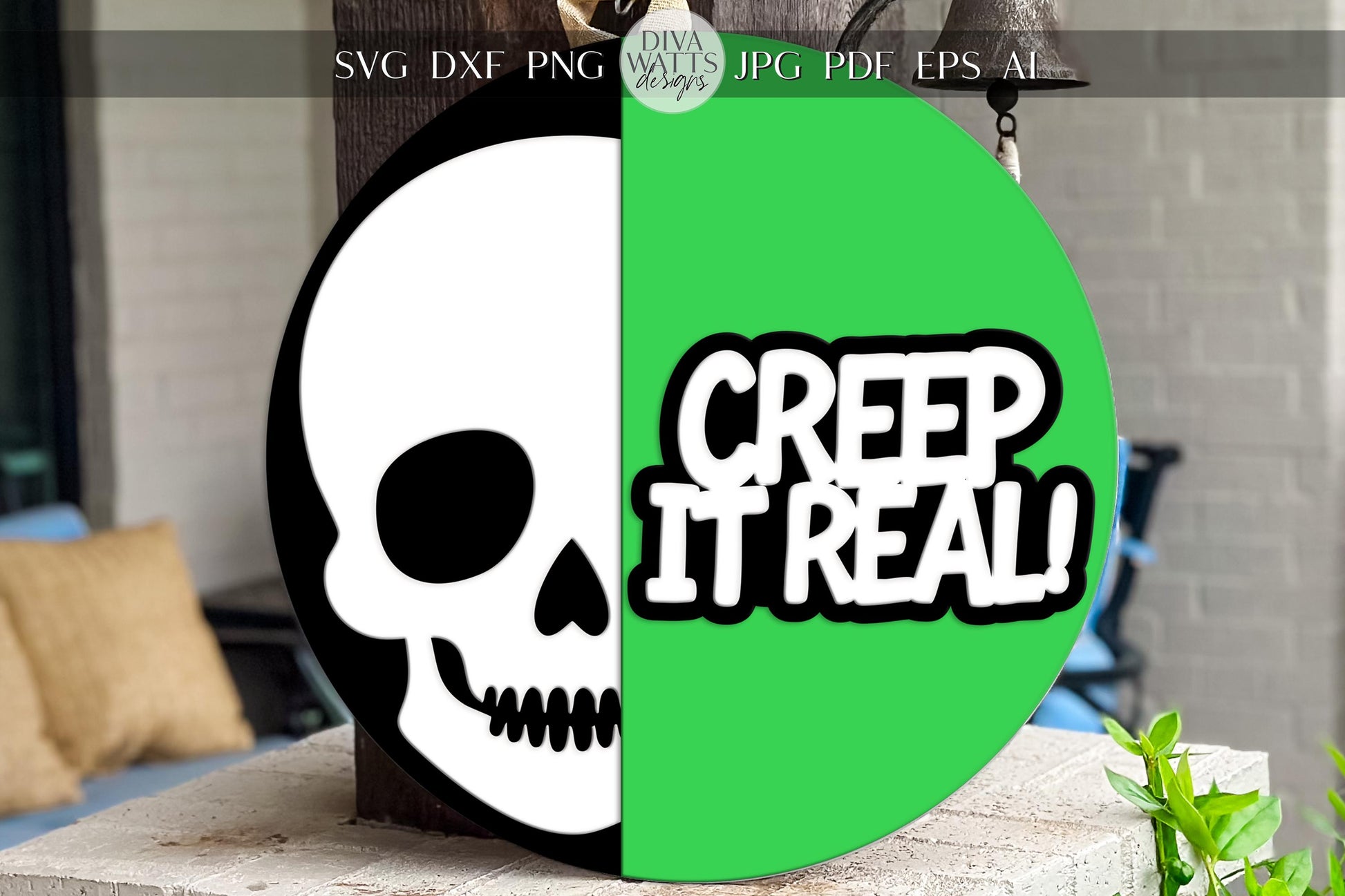 Laser Cut Door Hanger SVG | Creep It Real Skull Sign SVG | Halloween Round Wood Template | DIY Laser Cut File Glowforge xTool Compatible