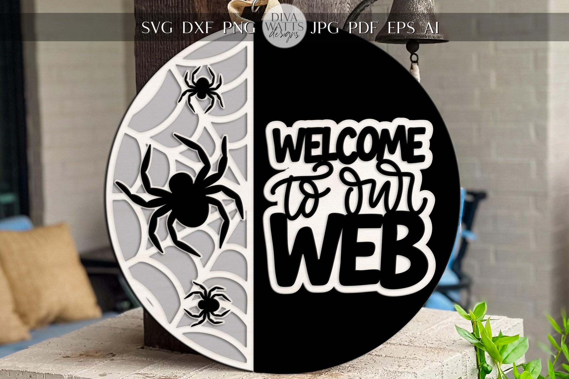 Laser Cut Door Hanger SVG | Welcome to Our Web Sign SVG | Spider Halloween Round SVG File | diy Cut File for Glowforge xTool Laser