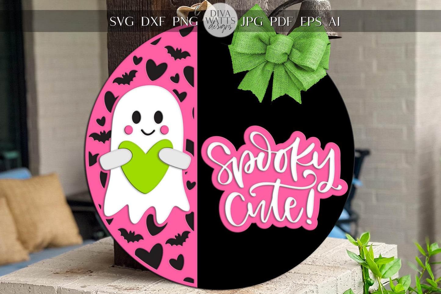 Spooky Cute Ghost Door Hanger SVG | Halloween Round Sign SVG File | Laser Cut Digital Template Glowforge xTool | DIY Porch Decor