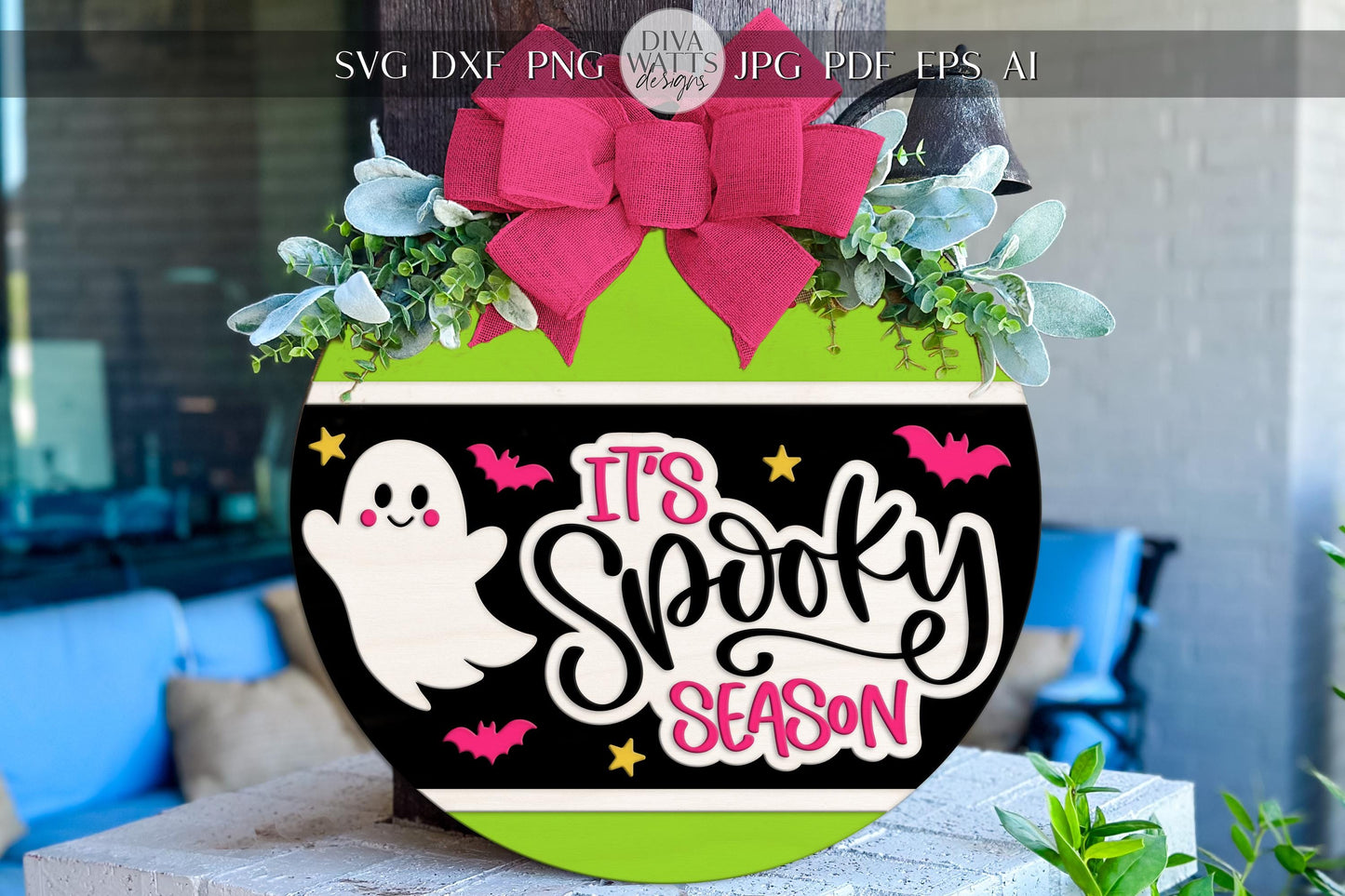 Laser Cut Door Hanger SVG | Spooky Season Halloween Sign SVG | Round Wood Sign Template | Glowforge xTool Digital Cut File