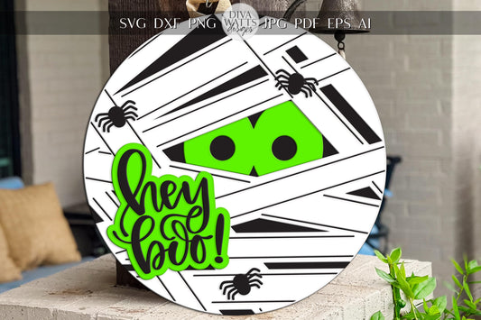 Laser Cut Door Hanger SVG | Halloween Mummy Sign SVG | Hey Boo Digital Round Wood Template | Glowforge xTool DIY Porch Decor File