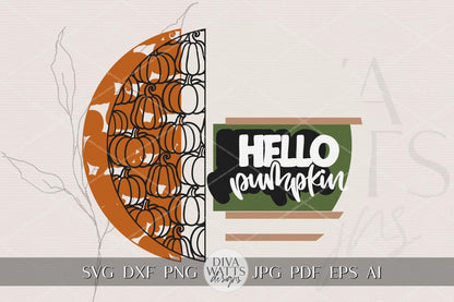 Laser Cut Door Hanger SVG | Hello Pumpkin SVG Sign File | Fall Porch Decor Round Wood Template | Glowforge xTool Digital Cut File