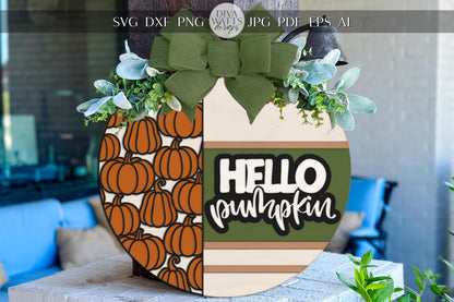 Laser Cut Door Hanger SVG | Hello Pumpkin SVG Sign File | Fall Porch Decor Round Wood Template | Glowforge xTool Digital Cut File