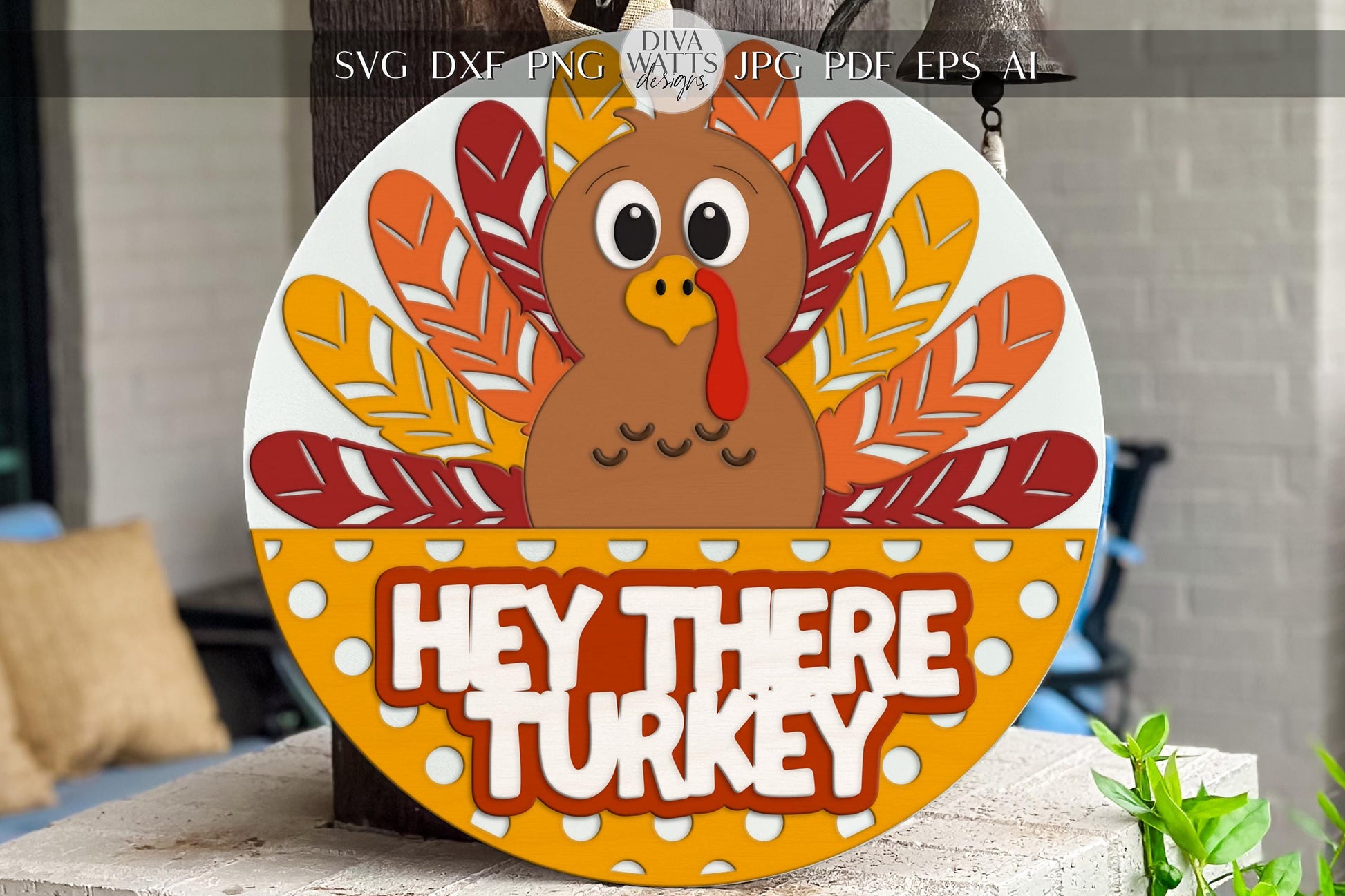 Laser Cut Door Hanger SVG | Hey There Turkey Sign | DIY Round Thanksgiving Sign Template | Digital SVG for Glowforge xTool