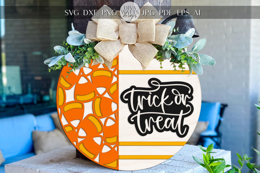 Trick or Treat Door Hanger SVG | Halloween Candy Corn Sign SVG | Round Wood Sign Template | Laser Cut File Glowforge xTool Ready