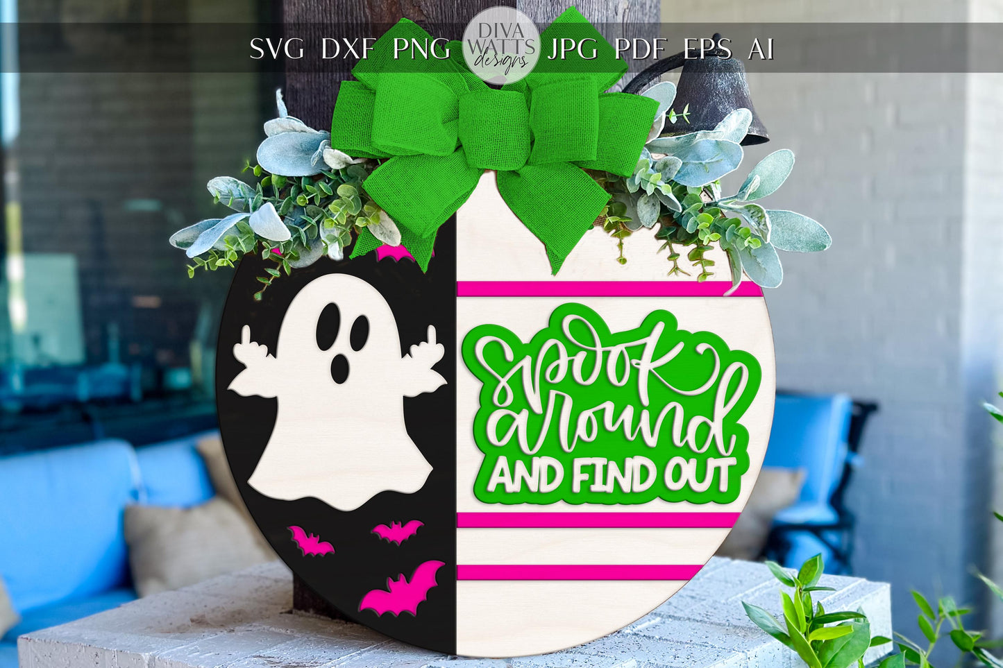 Spook Around and Find Out SVG | Funny Halloween Door Hanger SVG | Ghost Sign Laser Cut File | Glowforge xTool Digital Round Sign