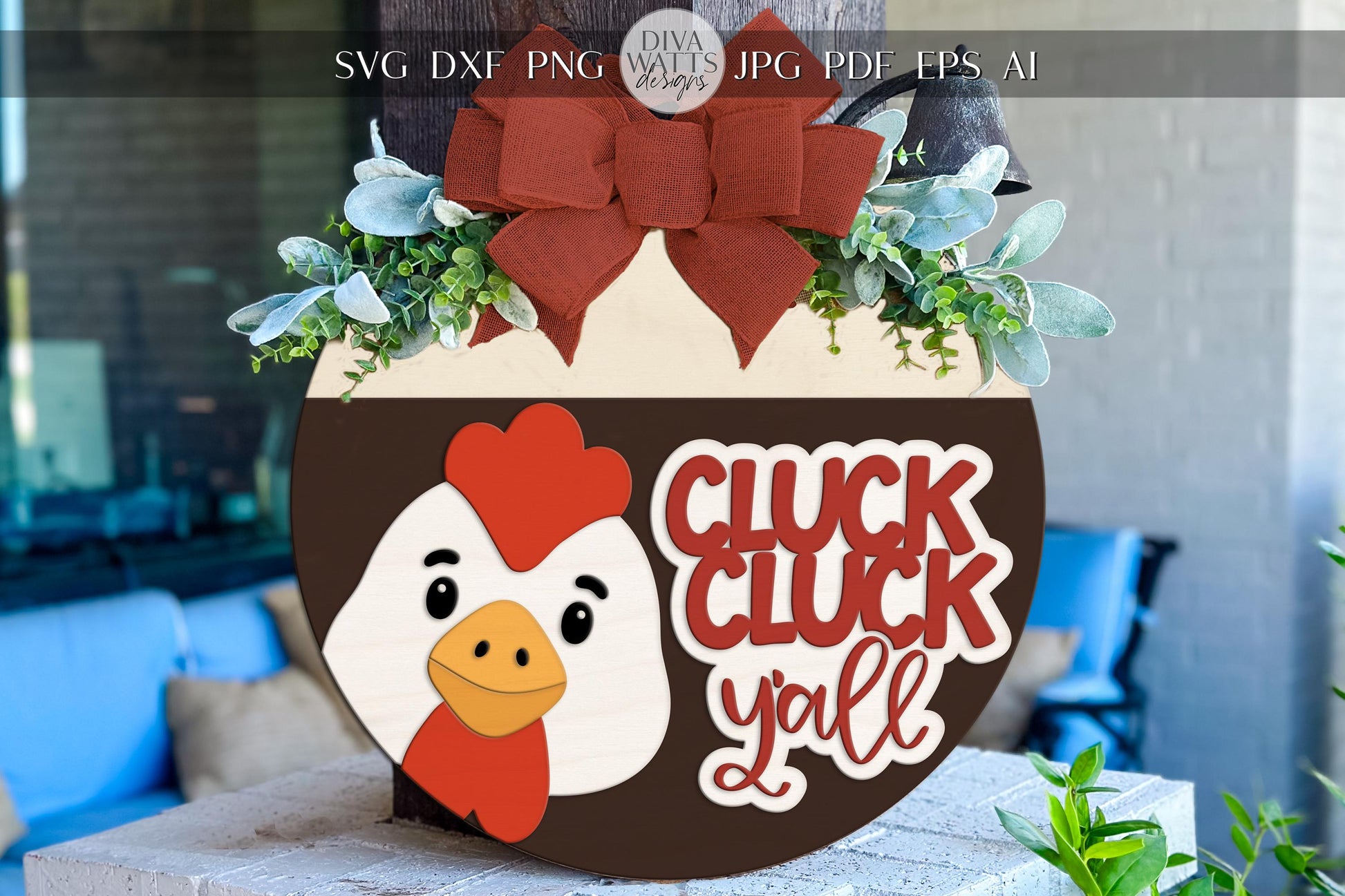 Cluck Cluck Y’all Door Hanger SVG | Farmhouse Chicken Round Sign SVG File | Laser Cut Wood Template | Glowforge xTool Compatible