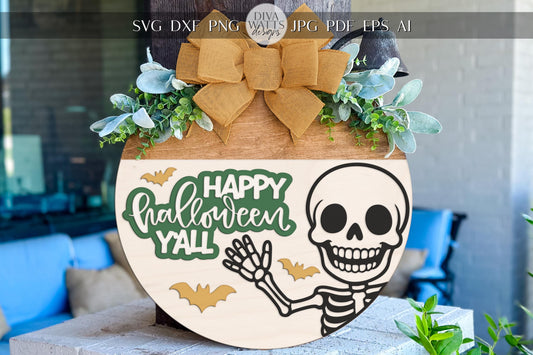 Laser Cut Door Hanger SVG | Halloween Sign SVG File | DIY Skeleton Round Wood Sign Template | Glowforge xTool Compatible Cut File