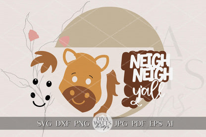 Laser Cut Horse Door Hanger SVG | Neigh Neigh Y’all Sign SVG | DIY Round Wood Sign Template | Digital File for Glowforge xTool