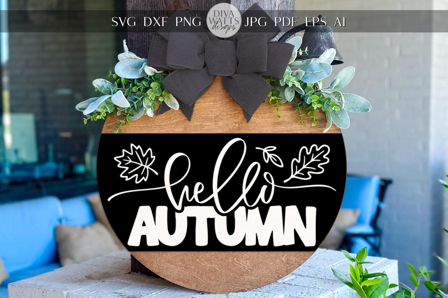 Laser Cut Door Hanger SVG | Hello Autumn Fall Sign | DIY Round Porch Sign Template | Digital SVG for Glowforge xTool Rustic Farmhouse Decor