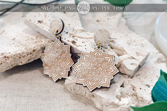 Laser Cut Earring SVG | Boho Mandala Jewelry Template | Layered Wood Earring Cut File | Glowforge xTool Laser Engrave SVG