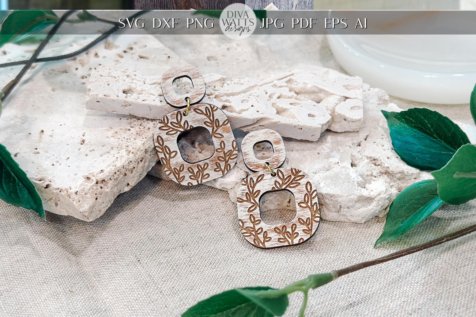 Laser Cut Earring SVG | Modern Botanical Jewelry Template | Layered Wood Earring Cut File | Glowforge xTool Engrave SVG