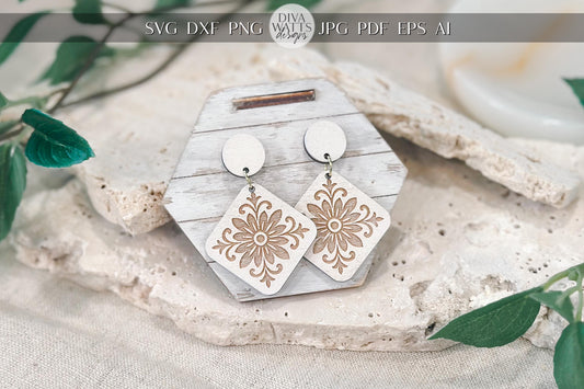 Laser Cut Earring SVG | Boho Moroccan Floral Diamond Earrings Template | DIY Wood Jewelry SVG for Glowforge xTool | Engraved Cut File