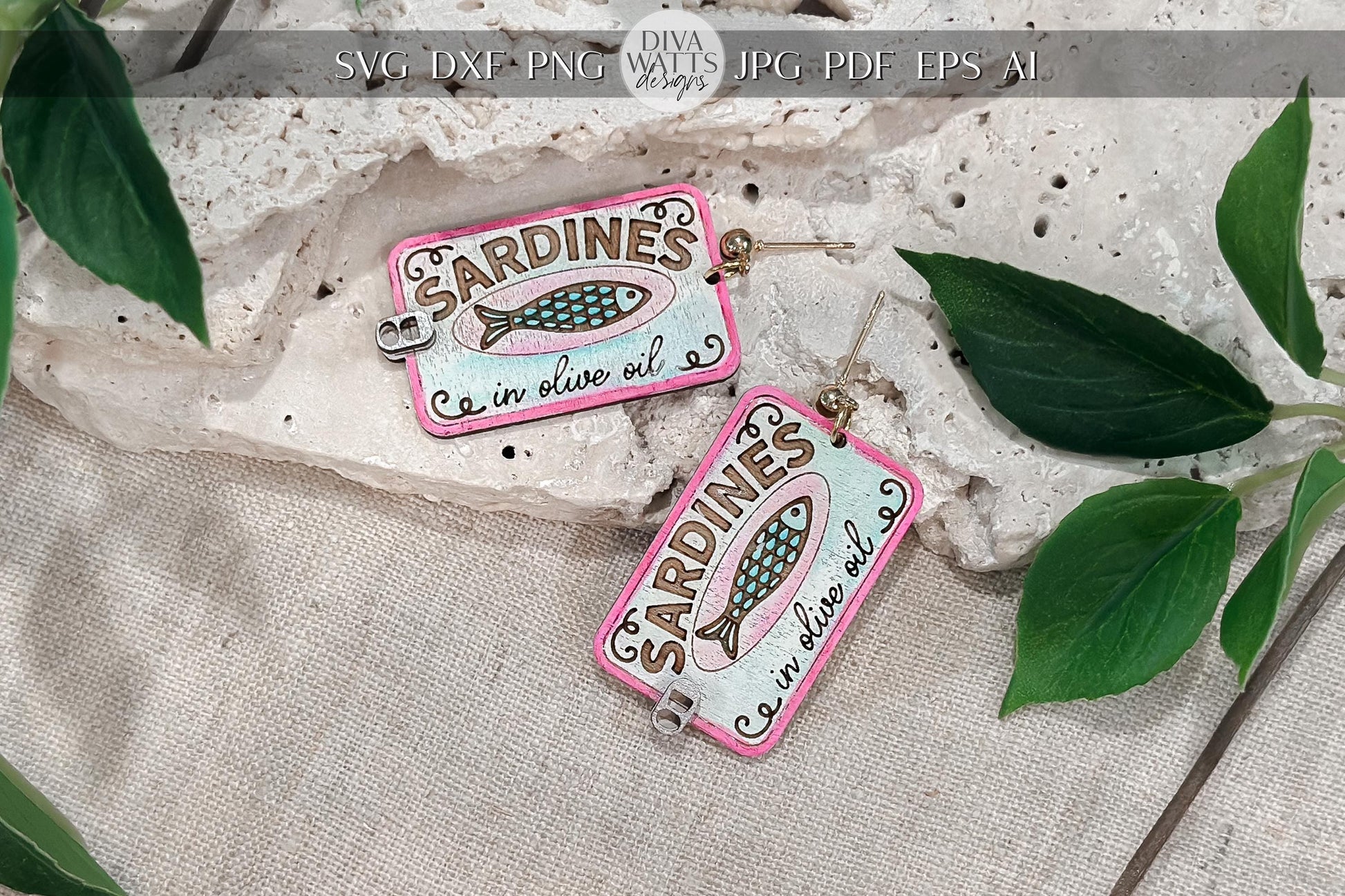 Laser Cut Earring SVG | Mediterranean Sardine Tin Earrings Template | Coastal Fish Jewelry SVG for Glowforge xTool | DIY Statement Earrings