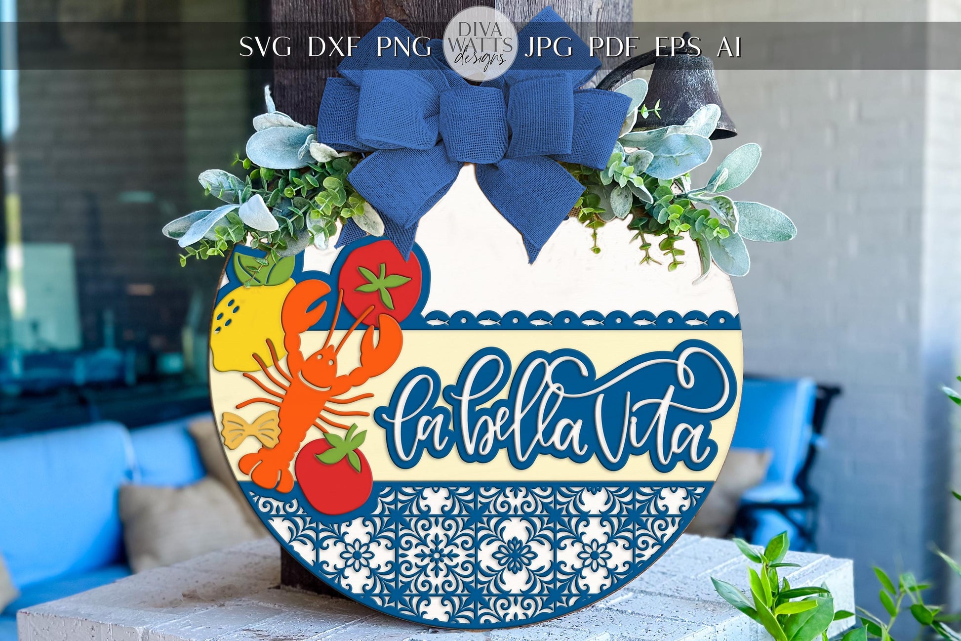 Laser Cut Door Hanger SVG | La Bella Vita Round Sign | Mediterranean Kitchen Decor SVG | DIY Glowforge xTool File | Summer Cut File