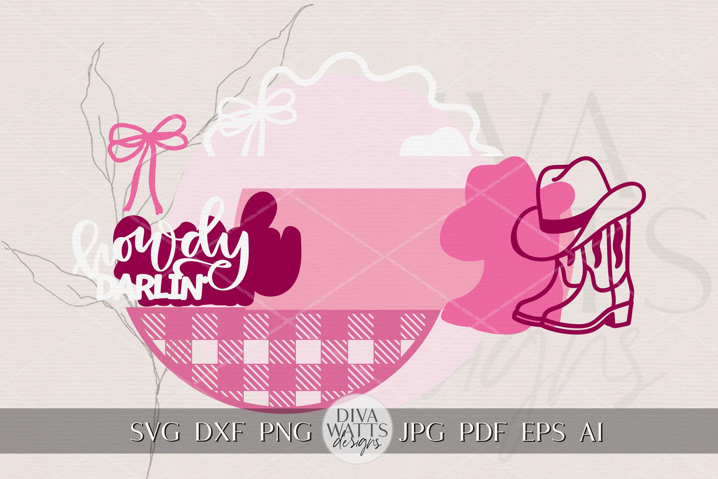 Laser Cut Door Hanger SVG | Howdy Darlin' Coquette Cowgirl Sign | DIY Round Sign Template | Digital SVG for Glowforge | Western Porch Decor