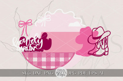 Laser Cut Door Hanger SVG | Howdy Darlin' Coquette Cowgirl Sign | DIY Round Sign Template | Digital SVG for Glowforge | Western Porch Decor
