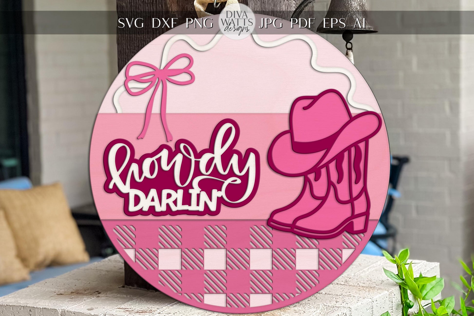 Laser Cut Door Hanger SVG | Howdy Darlin' Coquette Cowgirl Sign | DIY Round Sign Template | Digital SVG for Glowforge | Western Porch Decor