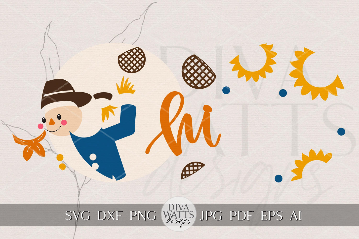 Laser Cut Door Hanger SVG | Hi Scarecrow Fall Sign | DIY Round Sign Template | Digital SVG for Glowforge xTool | Autumn Porch Decor