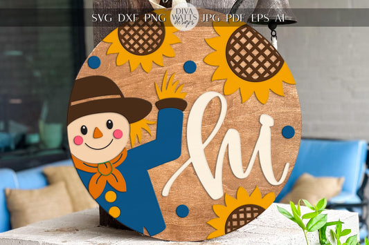 Laser Cut Door Hanger SVG | Hi Scarecrow Fall Sign | DIY Round Sign Template | Digital SVG for Glowforge xTool | Autumn Porch Decor