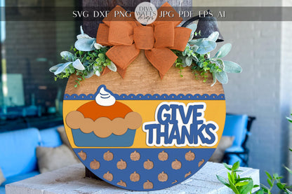 Laser Cut Door Hanger SVG | Give Thanks Sign | DIY Round Fall Sign Template | Digital SVG for Glowforge xTool | Thanksgiving Decor