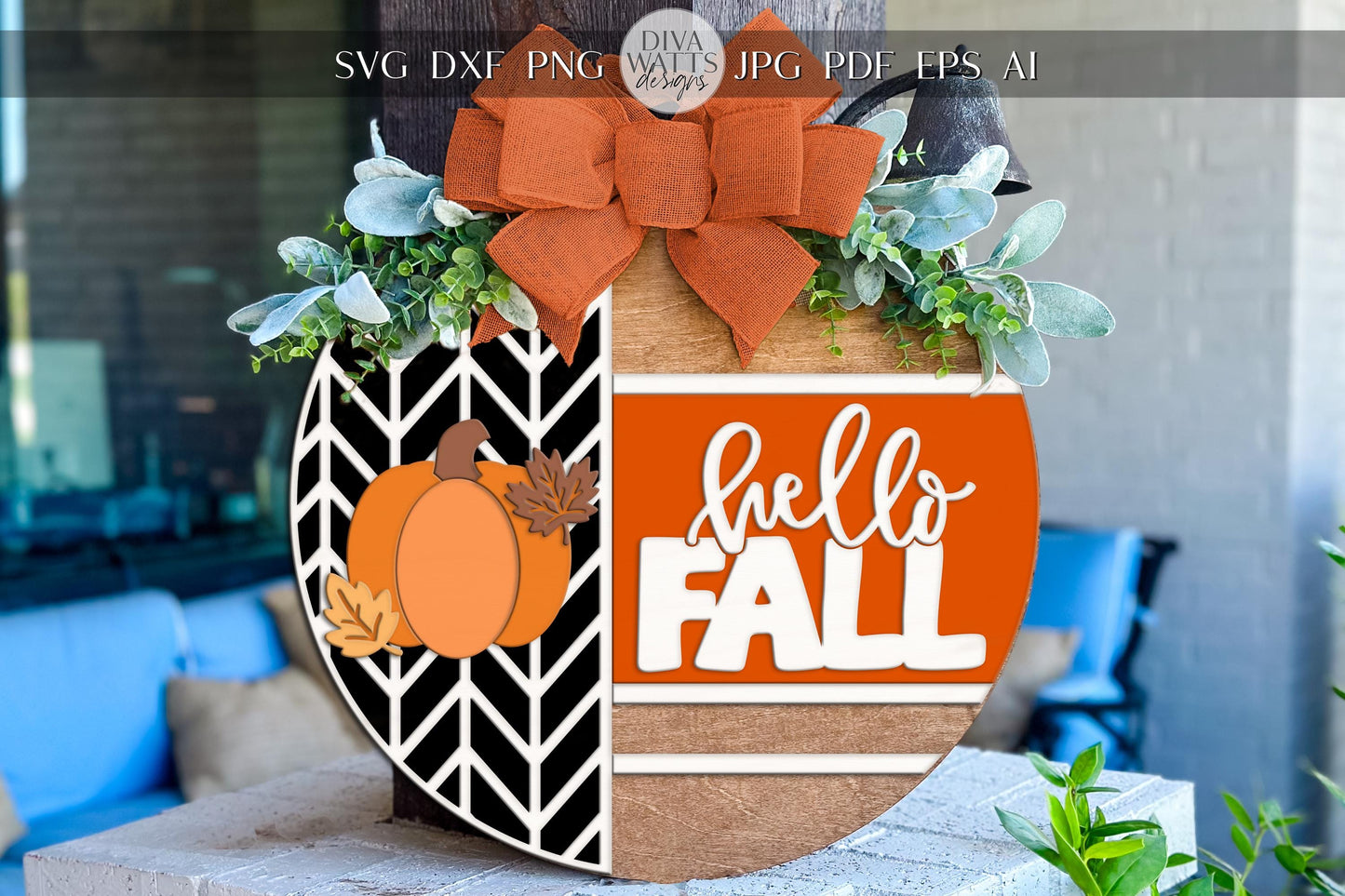 Laser Cut Door Hanger SVG | Hello Fall Pumpkin Sign | DIY Round Fall Decor SVG | Digital Glowforge xTool Cut File | Autumn Porch Sign