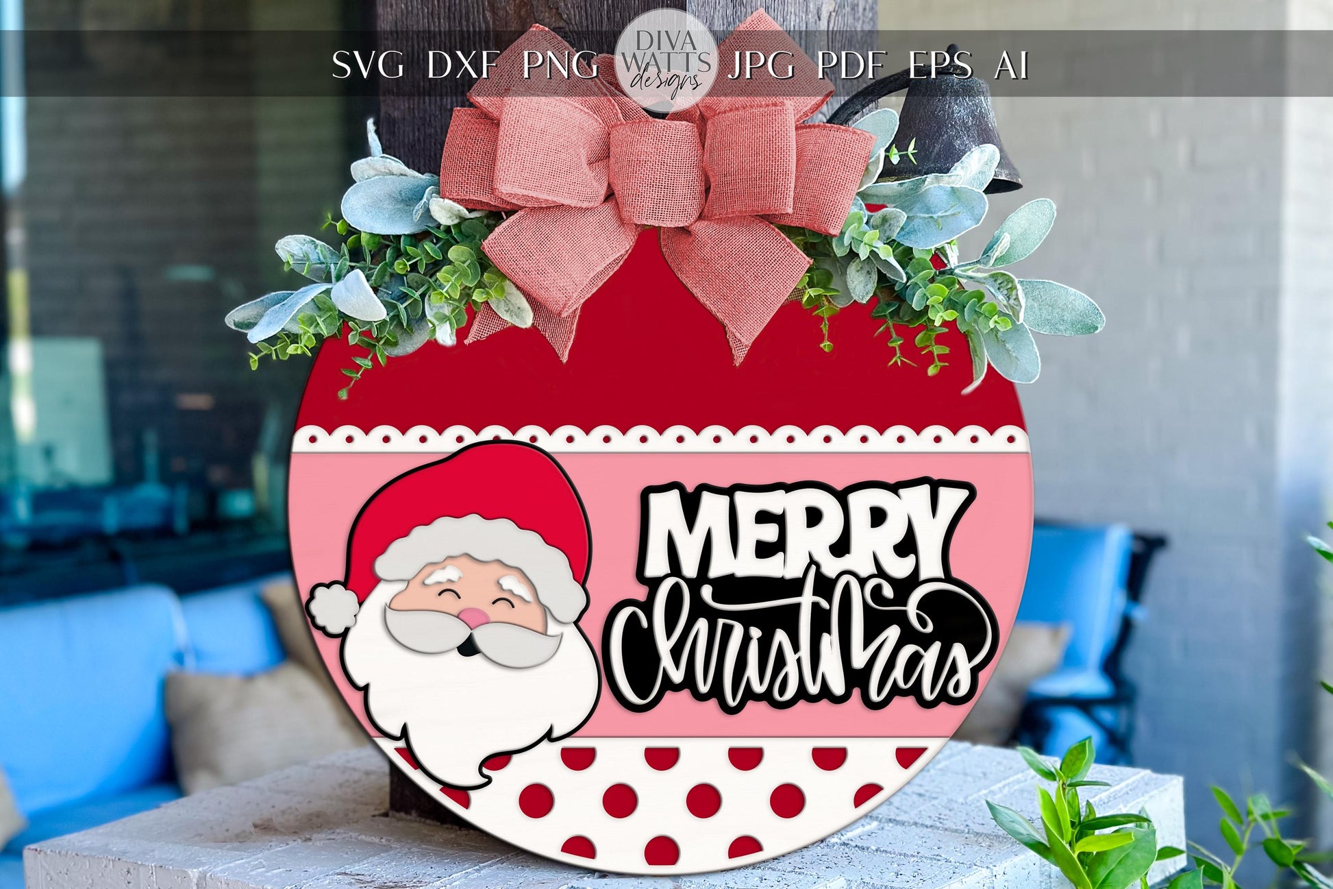 Laser Cut Door Hanger SVG | Merry Christmas Santa Sign | Round Porch Decor Template | DIY SVG for Glowforge xTool | Holiday Cut File
