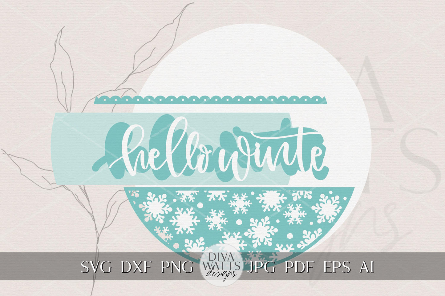 Laser Cut Door Hanger SVG | Hello Winter Sign with Snowflakes | Round Porch Decor Template | DIY SVG for Glowforge xTool