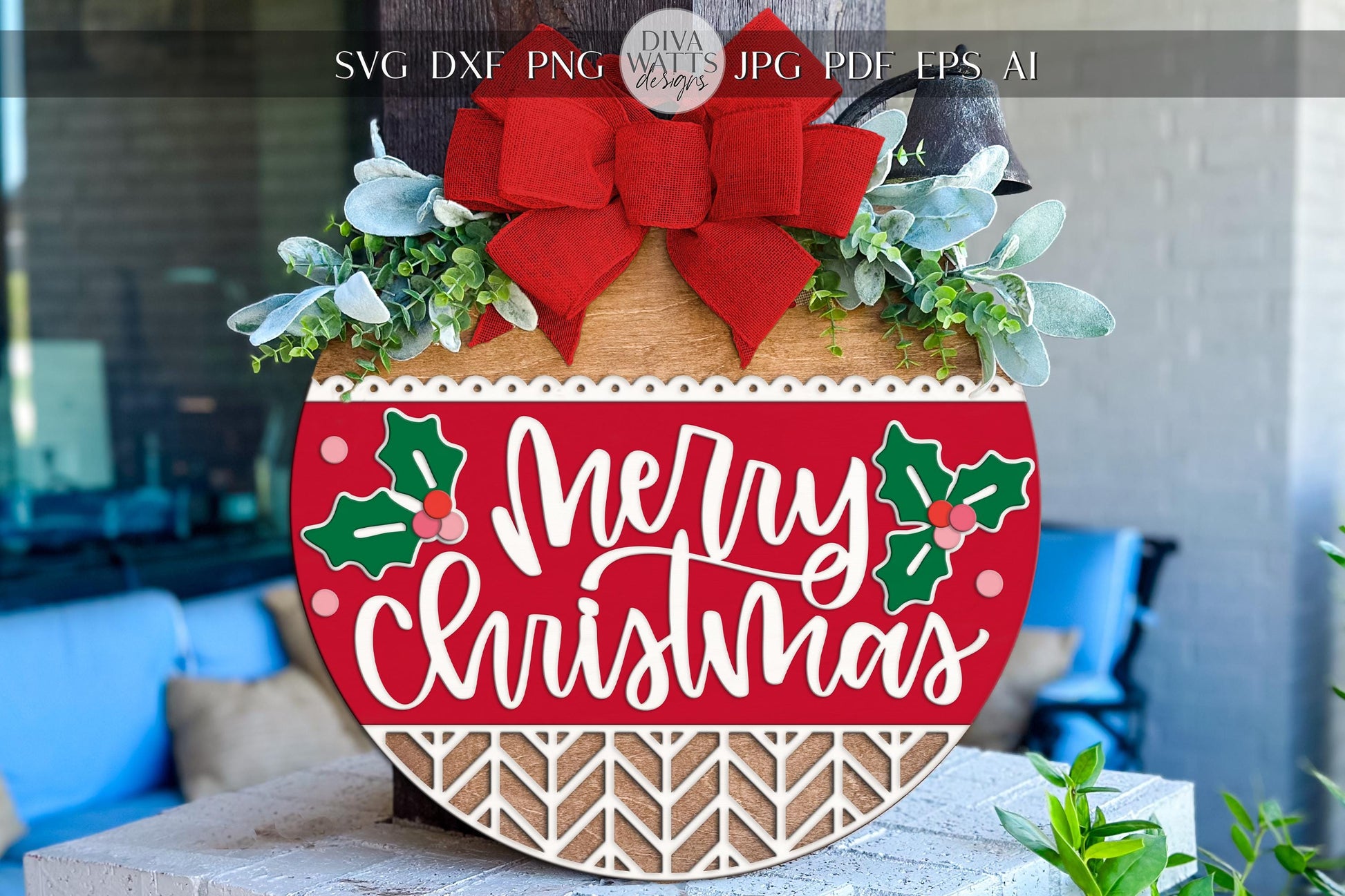 Laser Cut Door Hanger SVG | Merry Christmas Sign | DIY Round Sign Template | Digital SVG for Glowforge xTool | Holiday Porch Decor