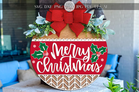 Laser Cut Door Hanger SVG | Merry Christmas Sign | DIY Round Sign Template | Digital SVG for Glowforge xTool | Holiday Porch Decor