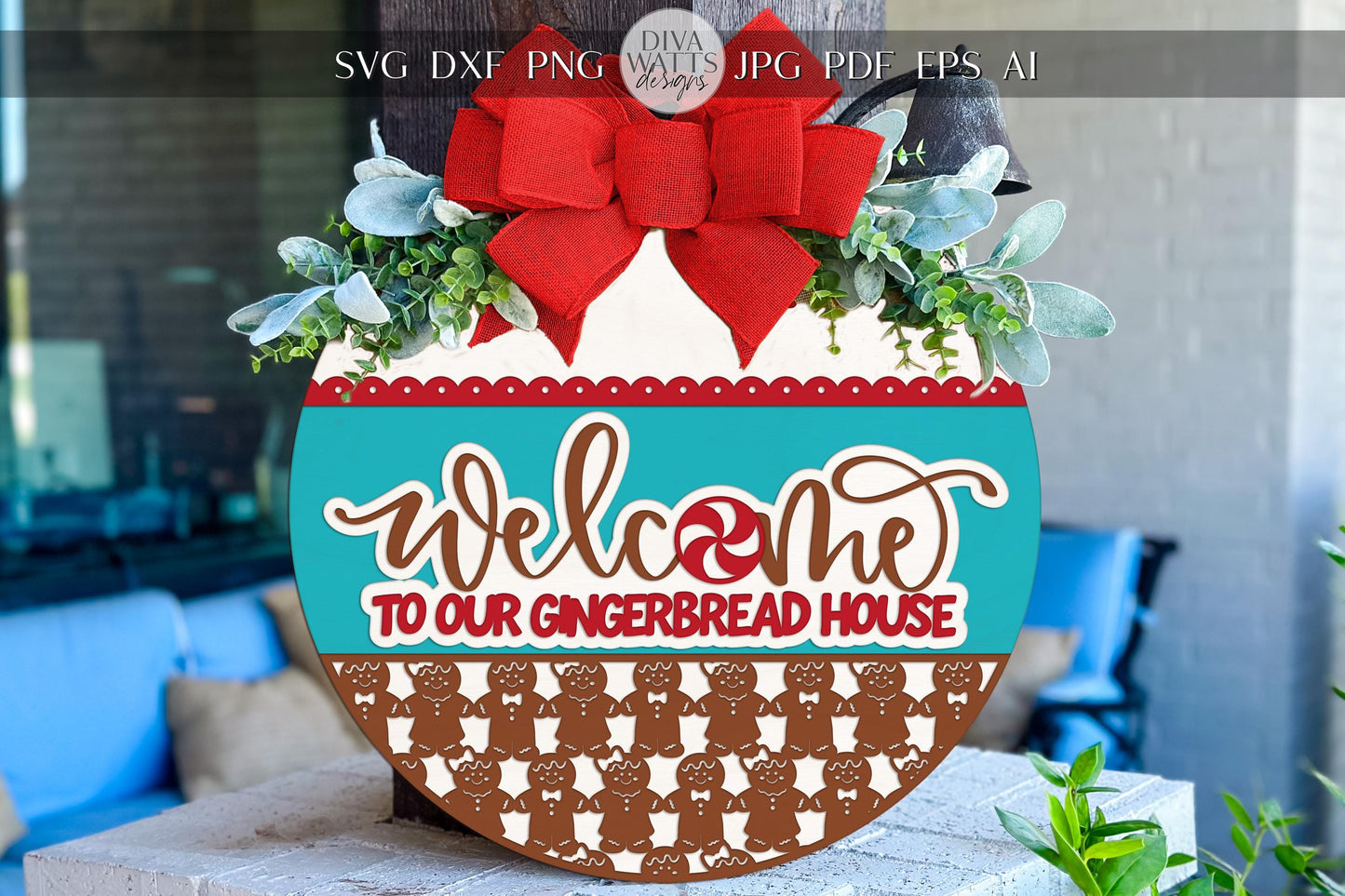 Laser Cut Door Hanger SVG | Welcome to Our Gingerbread House Sign | Christmas Round Template | Digital SVG for Glowforge xTool
