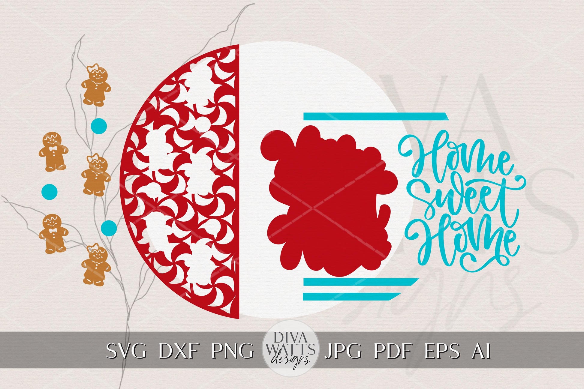 Laser Cut Door Hanger SVG | Home Sweet Home Christmas Sign | Gingerbread Peppermint Round Template | Glowforge xTool SVG File