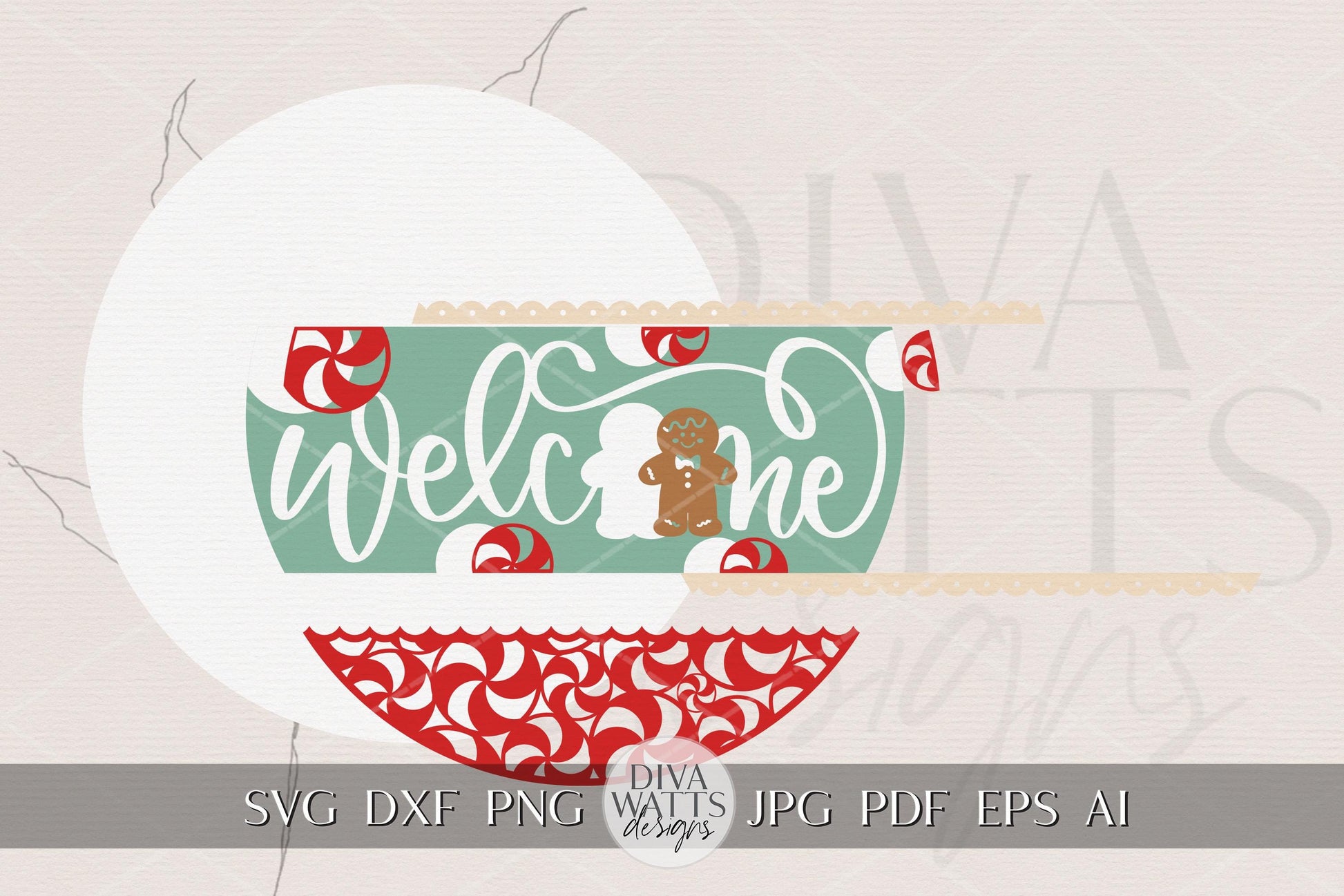 Laser Cut Door Hanger SVG | Christmas Welcome Sign with Gingerbread & Peppermint | Round Template for Glowforge xTool | Holiday SVG