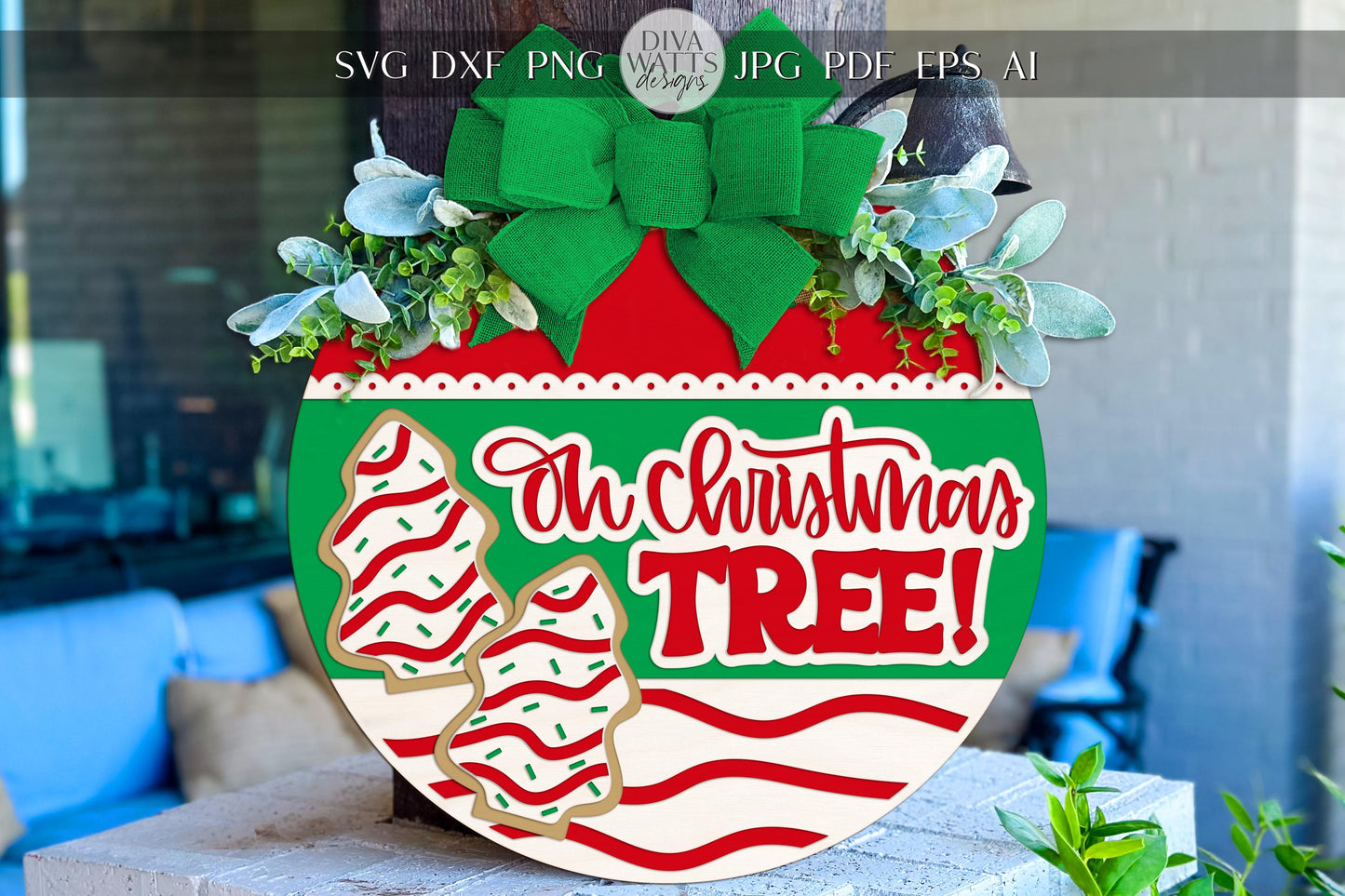 Laser Cut Door Hanger SVG | Oh Christmas Tree Sign | Christmas Round Template | Holiday SVG for Glowforge xTool | Porch Décor
