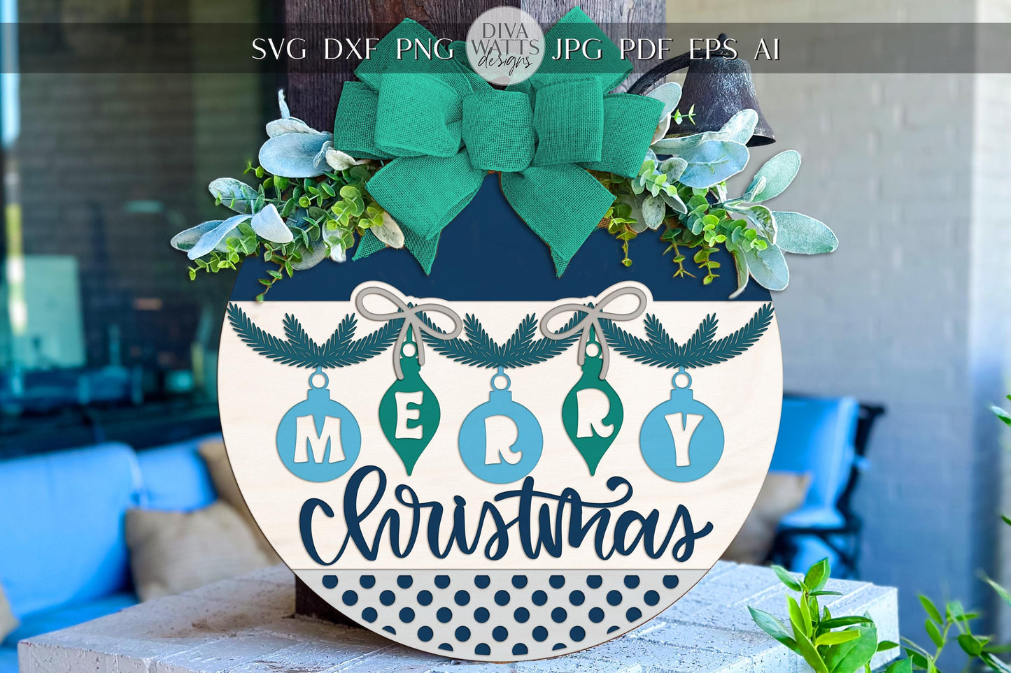 Laser Cut Door Hanger SVG | Merry Christmas Ornament Round Sign | Layered Rustic Template | Holiday Porch Décor SVG for Glowforge xTool