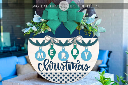Laser Cut Door Hanger SVG | Merry Christmas Ornament Round Sign | Layered Rustic Template | Holiday Porch Décor SVG for Glowforge xTool