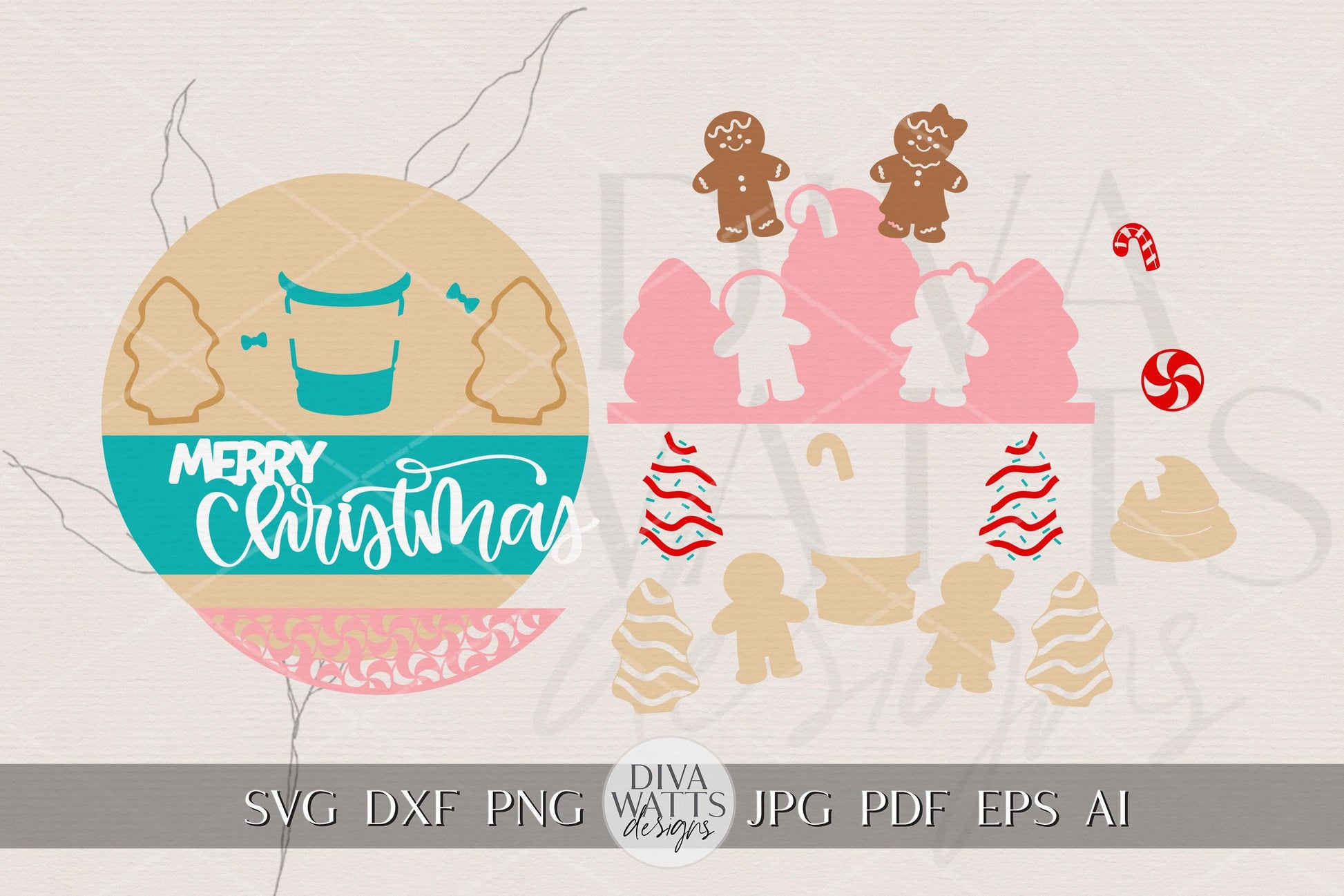Laser Cut Door Hanger SVG | Merry Christmas Round Sign Template | Gingerbread Holiday SVG File | Digital Download for Glowforge xTool OMTech
