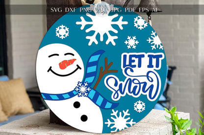 Laser Cut Door Hanger SVG | Let It Snow Snowman Sign Template | Christmas Round SVG File for Glowforge xTool | Winter Porch Décor