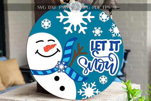 Laser Cut Door Hanger SVG | Let It Snow Snowman Sign Template | Christmas Round SVG File for Glowforge xTool | Winter Porch Décor