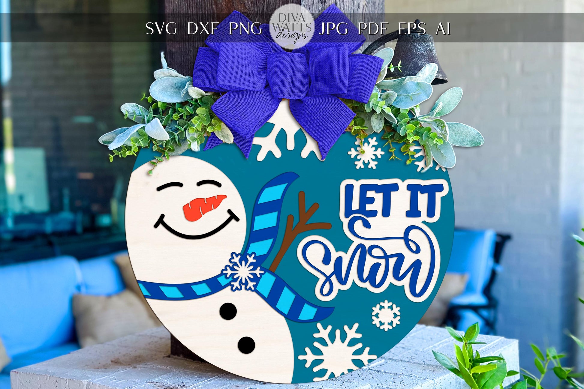 Laser Cut Door Hanger SVG | Let It Snow Snowman Sign Template | Christmas Round SVG File for Glowforge xTool | Winter Porch Décor