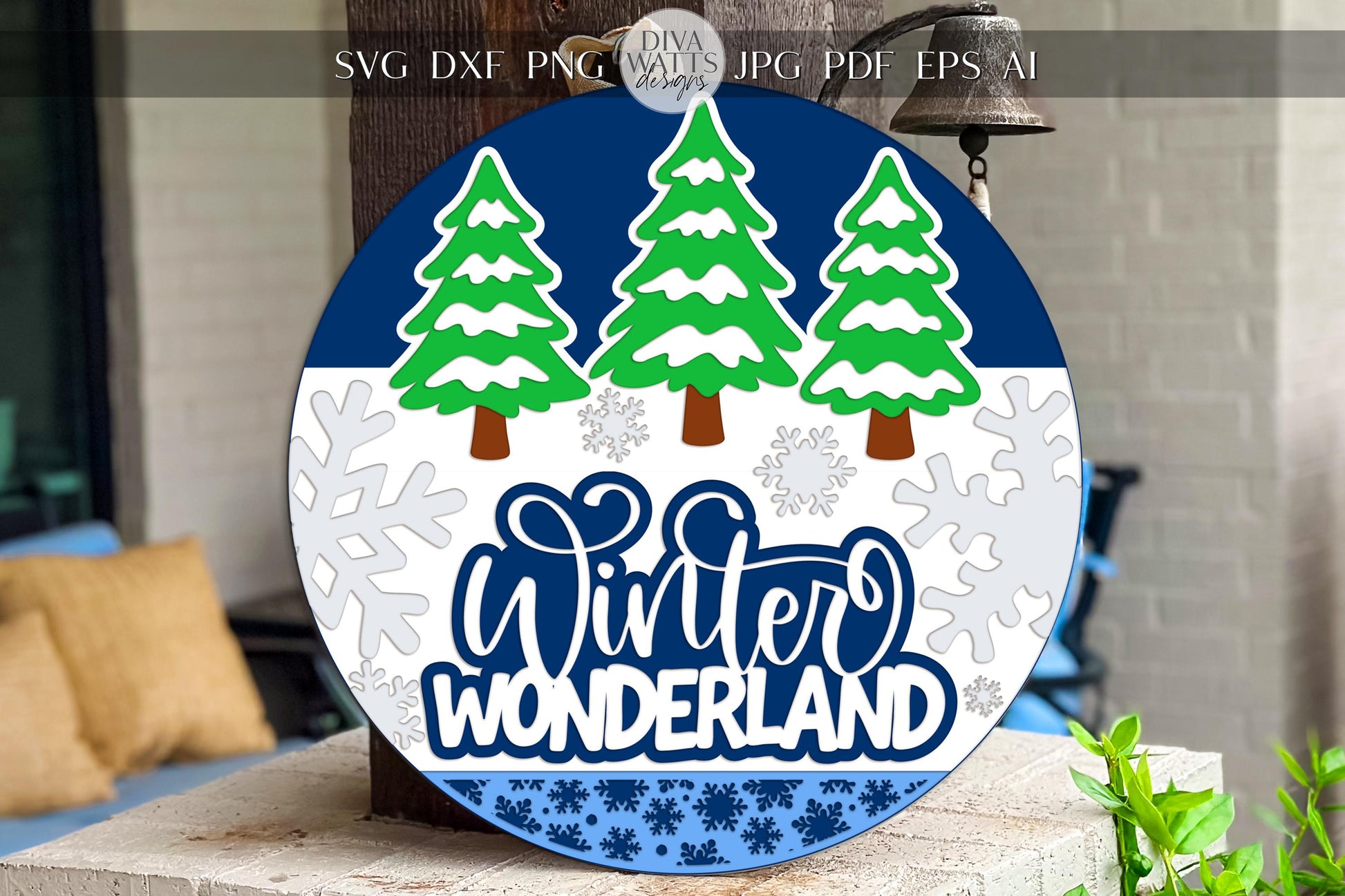 Laser Cut Door Hanger SVG | Winter Wonderland Round Sign Template | Christmas Snowflake SVG File for Glowforge xTool