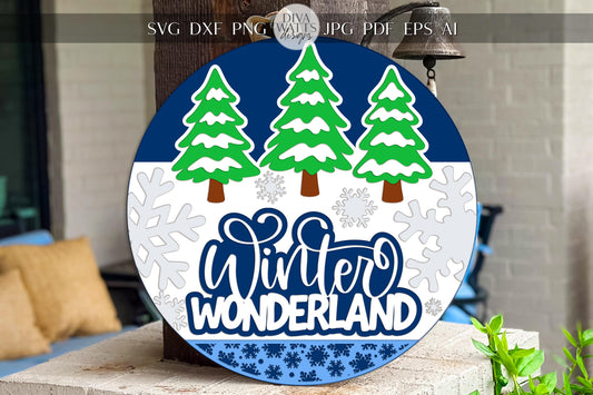Laser Cut Door Hanger SVG | Winter Wonderland Round Sign Template | Christmas Snowflake SVG File for Glowforge xTool