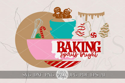 Laser Cut Door Hanger SVG | Baking Spirits Bright Sign | Christmas Round Template | Holiday Kitchen SVG for Glowforge xTool
