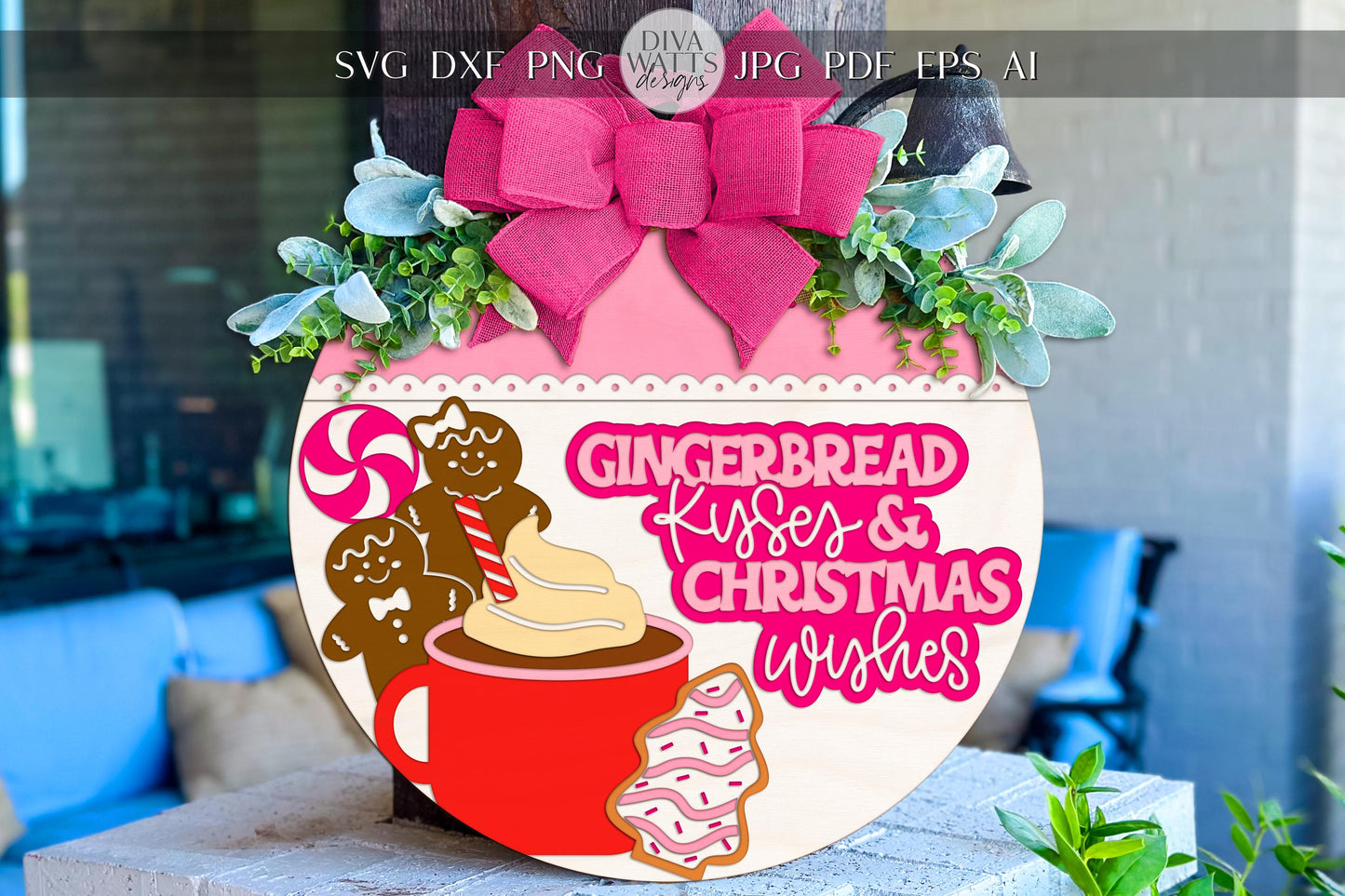 Gingerbread Kisses Christmas Round Door Hanger SVG | Holiday Porch Sign | Gingerbread Hot Cocoa Laser Cut File for Glowforge xTool